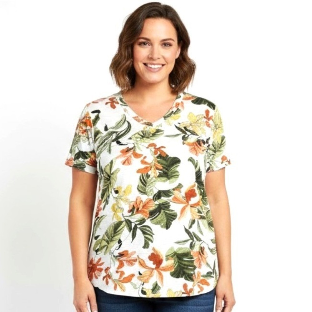 Chicos Womens 3 T-Shirt Tee XL V Neck Tropical Floral Print‎ White Green Orange